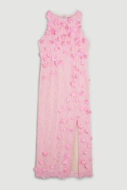 Karen Millen Floral Applique On Lace Woven Midi Dress -Karen Millen shop pink floral applique on lace woven midi dress 3
