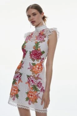 Karen Millen Guipure Lace Floral Embroidered Mini Dress -Karen Millen shop pink guipure lace floral embroidered mini dress 4