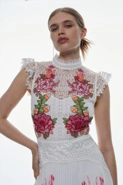 Karen Millen Guipure Lace Mirorred Floral Pleated Midi Dress