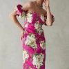 Karen Millen Italian Signature Stretch Rose Print Bardot Midi Dress -Karen Millen shop pink italian signature stretch rose print bardot midi dress