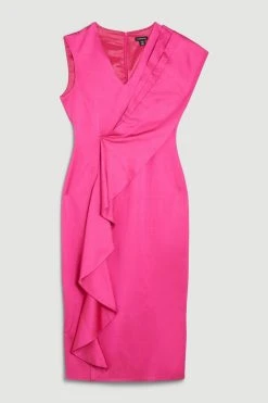 Karen Millen Italian Wool Satin Drape Midi Dress -Karen Millen shop pink italian wool satin drape midi dress 1 2