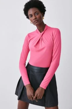 Karen Millen Long Sleeve Viscose Blend Jersey Top -Karen Millen shop pink long sleeve viscose blend jersey top 1