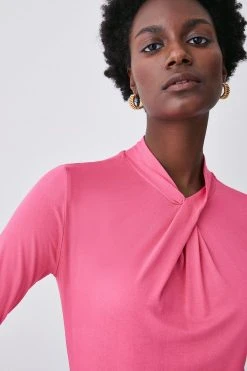 Karen Millen Long Sleeve Viscose Blend Jersey Top -Karen Millen shop pink long sleeve viscose blend jersey top 3
