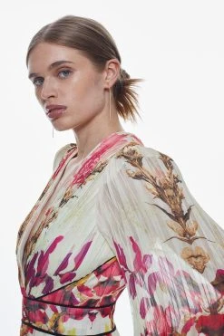 Karen Millen Mirrored Ombre Floral Pleat Drama Woven Midi Dress