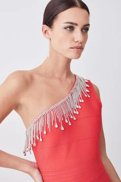 Karen Millen Petite Bandage Diamante Trim One Shoulder High Low Midi Dress -Karen Millen shop pink petite bandage diamante trim one shoulder high low midi dress 1