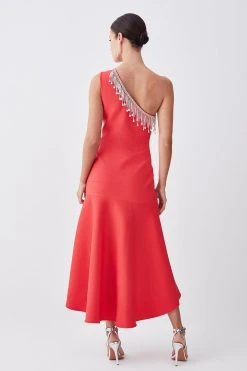 Karen Millen Petite Bandage Diamante Trim One Shoulder High Low Midi Dress -Karen Millen shop pink petite bandage diamante trim one shoulder high low midi dress 2