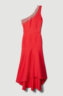 Karen Millen Petite Bandage Diamante Trim One Shoulder High Low Midi Dress -Karen Millen shop pink petite bandage diamante trim one shoulder high low midi dress 3