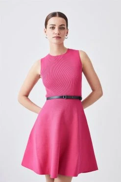 Karen Millen Petite Knitted Rib Skater Mini Dress -Karen Millen shop pink petite knitted rib skater mini dress 1