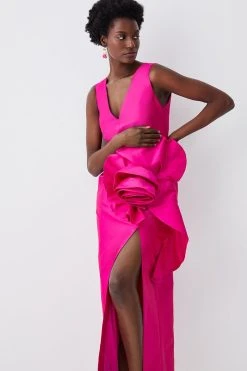 Karen Millen Petite Rosette Taffeta Column Midi Dress -Karen Millen shop pink petite rosette taffeta column midi dress 3