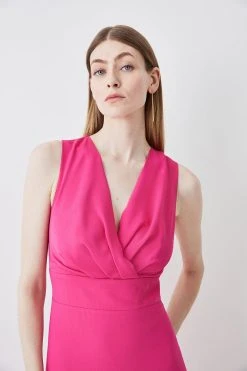 Karen Millen Petite Soft Tailored Sleeveless Wrap Front Midi Dress -Karen Millen shop pink petite soft tailored sleeveless wrap front midi dress 1