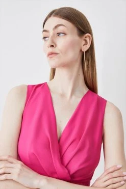 Karen Millen Petite Soft Tailored Sleeveless Wrap Front Midi Dress -Karen Millen shop pink petite soft tailored sleeveless wrap front midi dress 3