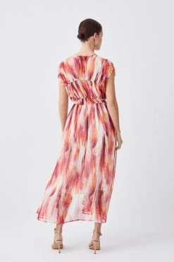 Karen Millen Petite Watercolour Crinkle Shirred Woven Maxi Dress