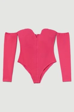 Karen Millen Plunge Ponte Long Sleeve Bodysuit -Karen Millen shop pink plunge ponte long sleeve bodysuit 1