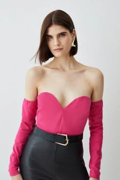 Karen Millen Plunge Ponte Long Sleeve Bodysuit -Karen Millen shop pink plunge ponte long sleeve bodysuit 2