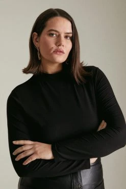 Karen Millen Plus Size Funnel Neck Long Sleeve Viscose Blend Jersey Top -Karen Millen shop pink plus size funnel neck long sleeve viscose blend jersey top 1