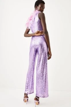 Karen Millen Sequin And Feather One Shoulder Jumpsuit -Karen Millen shop pink sequin and feather one shoulder jumpsuit 3