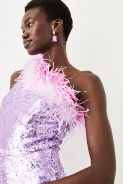 Karen Millen Sequin And Feather One Shoulder Jumpsuit -Karen Millen shop pink sequin and feather one shoulder jumpsuit 4