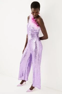 Karen Millen Sequin And Feather One Shoulder Jumpsuit -Karen Millen shop pink sequin and feather one shoulder jumpsuit 5