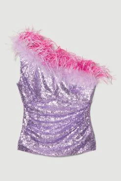 Karen Millen Sequin And Feather One Shoulder Top -Karen Millen shop pink sequin and feather one shoulder top 1
