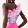 Karen Millen Sequin And Feather One Shoulder Top -Karen Millen shop pink sequin and feather one shoulder top
