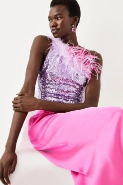 Karen Millen Sequin And Feather One Shoulder Top -Karen Millen shop pink sequin and feather one shoulder top 2