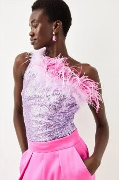 Karen Millen Sequin And Feather One Shoulder Top -Karen Millen shop pink sequin and feather one shoulder top 3