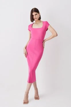 Karen Millen Square Neck Military Trim Ponte Pencil Midaxi Dress -Karen Millen shop pink square neck military trim ponte pencil midaxi dress 2