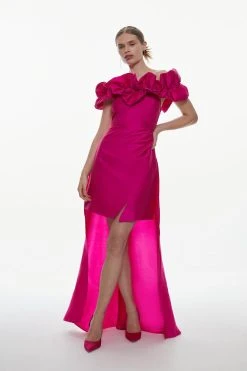 Karen Millen Taffeta Ruffle Bardot Mini Dress With Train -Karen Millen shop pink taffeta ruffle bardot mini dress with train 1 2