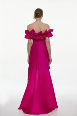 Karen Millen Taffeta Ruffle Bardot Mini Dress With Train -Karen Millen shop pink taffeta ruffle bardot mini dress with train 1 3