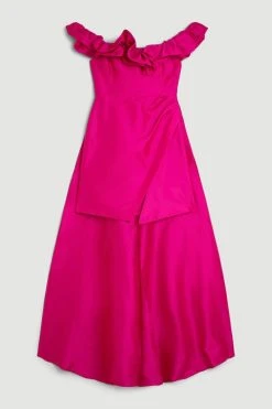 Karen Millen Taffeta Ruffle Bardot Mini Dress With Train -Karen Millen shop pink taffeta ruffle bardot mini dress with train 1 4
