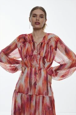 Karen Millen Watercolour Crinkle Shirred Tiered Woven Maxi Dress