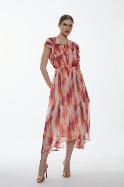 Karen Millen Watercolour Crinkle Shirred Woven Maxi Dress -Karen Millen shop pink watercolour crinkle shirred woven maxi dress 2