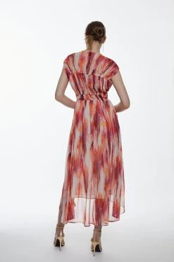 Karen Millen Watercolour Crinkle Shirred Woven Maxi Dress -Karen Millen shop pink watercolour crinkle shirred woven maxi dress 4