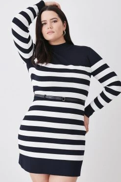 Karen Millen Plus Size Stripe Rib Knit Belted Mini Dress -Karen Millen shop plus size stripe rib knit belted mini dress 2