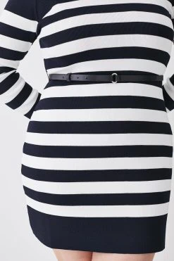 Karen Millen Plus Size Stripe Rib Knit Belted Mini Dress -Karen Millen shop plus size stripe rib knit belted mini dress 3