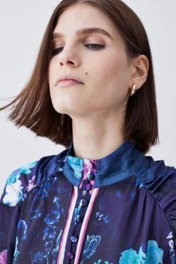 Karen Millen Boarder Floral Print Satin Blouse -Karen Millen shop purple boarder floral print satin blouse 4