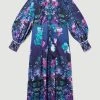 Karen Millen Boarder Floral Print Satin Woven Midi Dress -Karen Millen shop purple boarder floral print satin woven midi dress