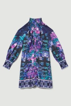 Karen Millen Boarder Floral Print Satin Woven Mini Dress -Karen Millen shop purple boarder floral print satin woven mini dress 3