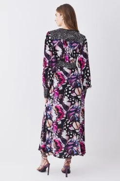 Karen Millen Butterfly Print Plunge Neck Woven Midi Dress -Karen Millen shop purple butterfly print plunge neck woven midi dress 2