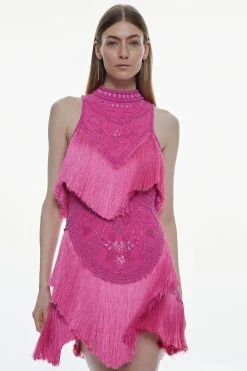 Karen Millen Fringe And Beaded Halter Neck Mini Dress -Karen Millen shop purple fringe and beaded halter neck mini dress 2