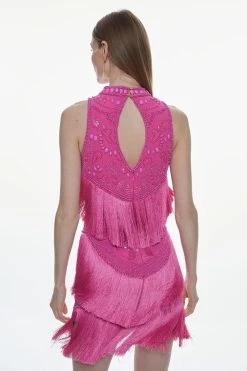 Karen Millen Fringe And Beaded Halter Neck Mini Dress