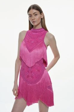 Karen Millen Fringe And Beaded Halter Neck Mini Dress -Karen Millen shop purple fringe and beaded halter neck mini dress 4