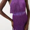 Karen Millen Fringed Ponte Detail Halter Neck Mini Dress -Karen Millen shop purple fringed ponte detail halter neck mini dress