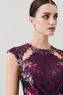 Karen Millen Petite Metallic Guipure Lace Mirrored Midi Dress -Karen Millen shop purple petite metallic guipure lace mirrored midi dress 1