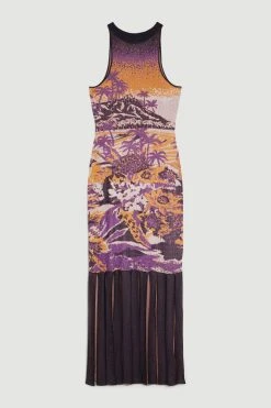 Karen Millen Sleeveless Slinky Jacquard Cut Out Back Knitted Midi Dress -Karen Millen shop purple sleeveless slinky jacquard cut out back knitted midi dress 2