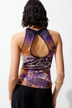 Karen Millen Sleeveless Slinky Jacquard Cut Out Back Knitted Top