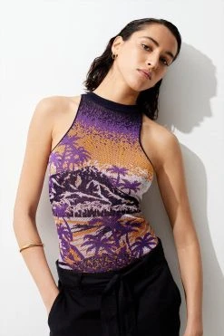 Karen Millen Sleeveless Slinky Jacquard Cut Out Back Knitted Top -Karen Millen shop purple sleeveless slinky jacquard cut out back knitted top 5
