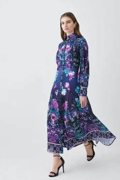 Karen Millen Tall Boarder Floral Print Satin Woven Midi Dress -Karen Millen shop purple tall boarder floral print satin woven midi dress 2