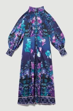 Karen Millen Tall Boarder Floral Print Satin Woven Midi Dress -Karen Millen shop purple tall boarder floral print satin woven midi dress 4
