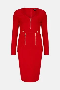 Karen Millen Bandage Knit V Neck And Zip Long Sleeve Midi Dress -Karen Millen shop red bandage knit v neck and zip long sleeve midi dress 1